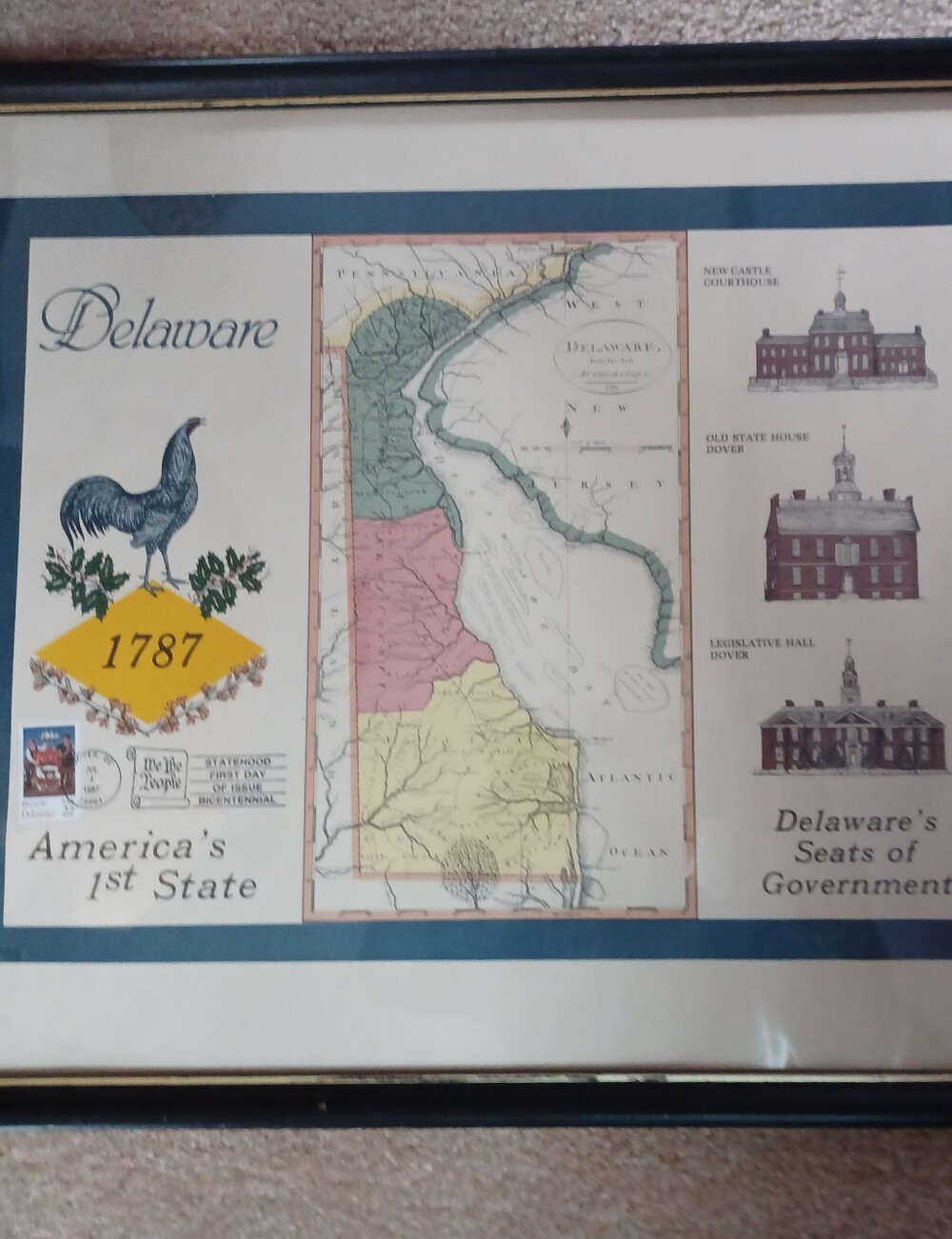 Delaware 1787 Vintage Map Print with Blue Mat